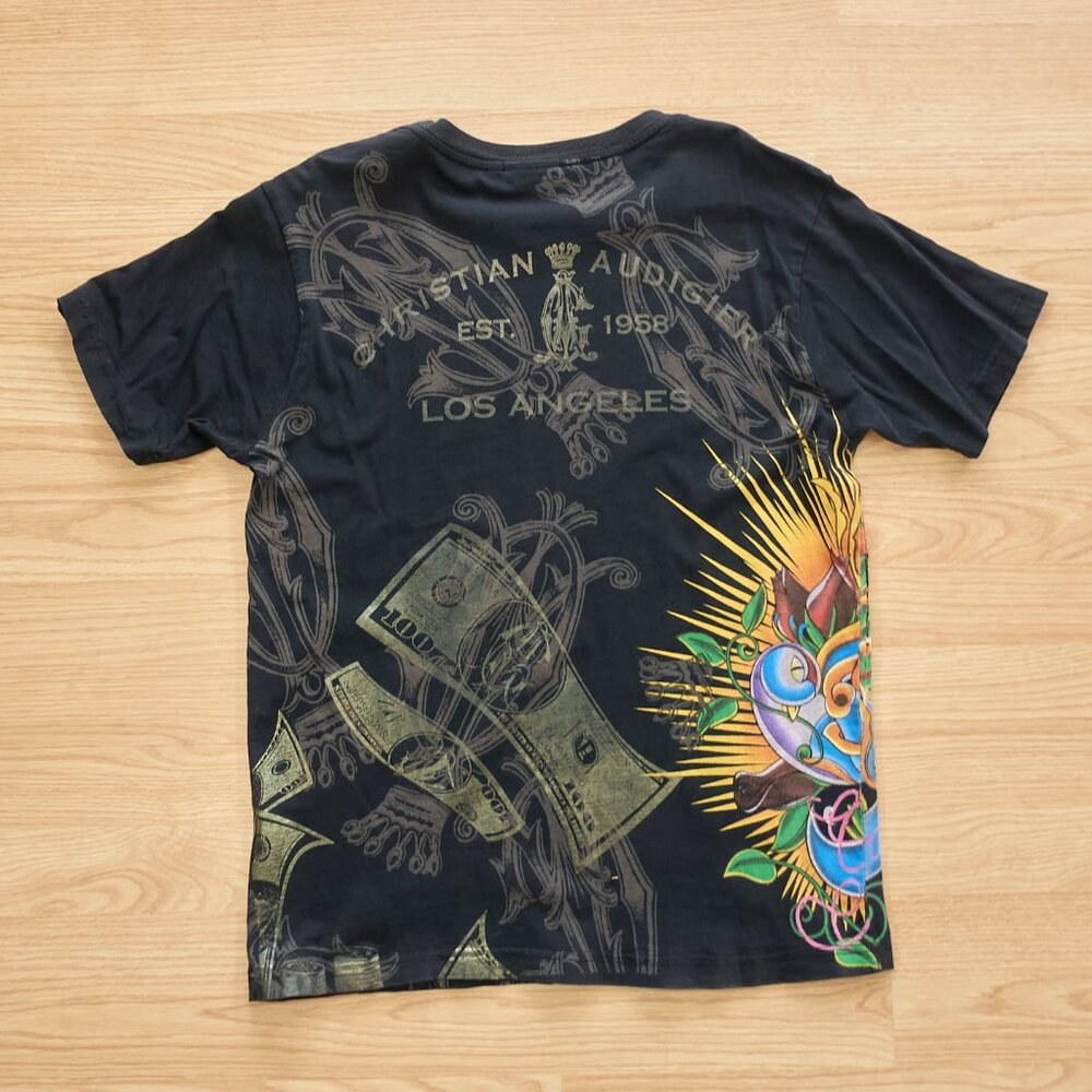 Christian Audigier T-Shirt / Skull Crown Money / Size M / Black / Made in - Picture 10 of 16